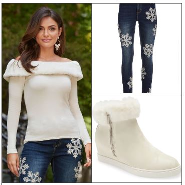 Snowflake jeans and faux fur sweater